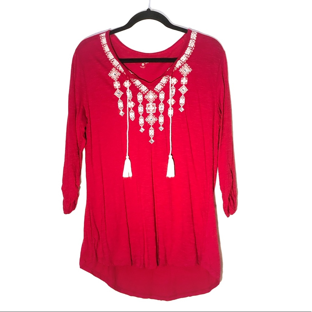 Indigo Red Boho Shirt with embroidery and jewels.